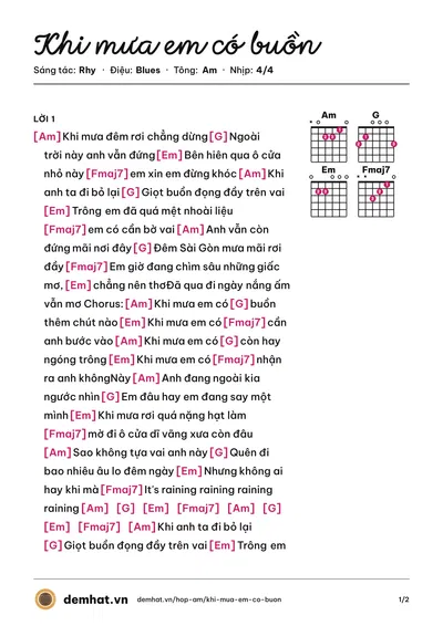 Hợp âm Khi mưa em có buồn (Rhy) – bản nhạc PDF trang 1, tông Am