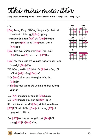Hợp âm Khi mùa mưa đến (Thu Hương) – bản nhạc PDF trang 1, tông Dm