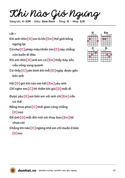 Hợp âm Khi Nào Gió Ngưng (RYO) – bản nhạc PDF trang 1, tông G