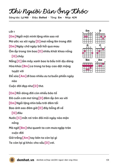 Hợp âm Khi Người Đàn Ông Khóc (Lý Hải) – bản nhạc PDF trang 1, tông Em