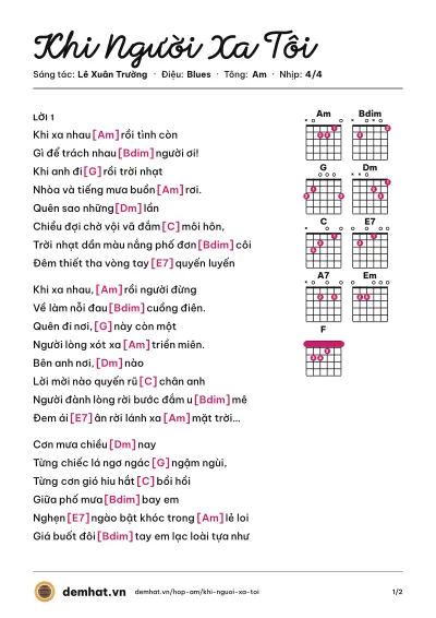 Hợp âm Khi Người Xa Tôi (Ngọc Anh) – bản nhạc PDF trang 1, tông Am