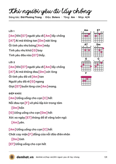 Hợp âm Khi người yêu đi lấy chồng (Đài Phương Trang) – bản nhạc PDF trang 1, tông Am