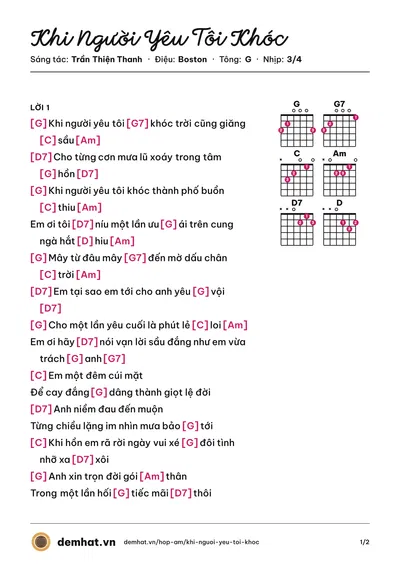 Hợp âm Khi Người Yêu Tôi Khóc (Sĩ Phú) – bản nhạc PDF trang 1, tông G
