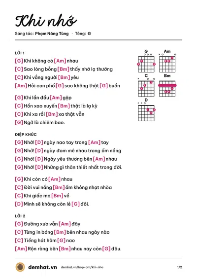 Hợp âm Khi nhớ (CS404) – bản nhạc PDF trang 1, tông G