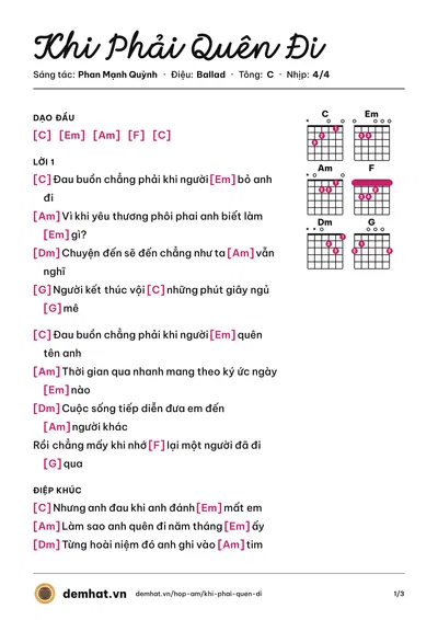 Hợp âm Khi Phải Quên Đi (Phan Mạnh Quỳnh) – bản nhạc PDF trang 1, tông C