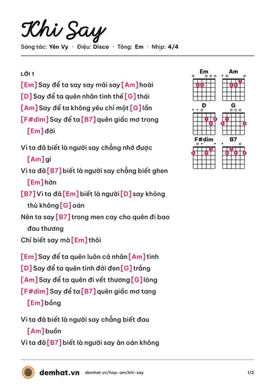 Hợp âm Khi Say (Ái) – bản nhạc PDF trang 1, tông Em