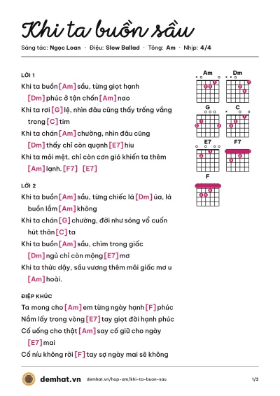 Hợp âm Khi ta buồn sầu (Quang Dũng) – bản nhạc PDF trang 1, tông Am