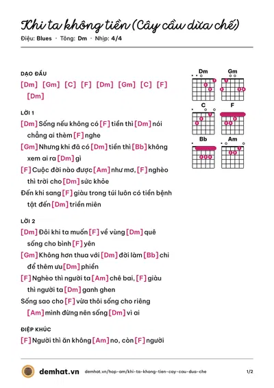Hợp âm Khi ta không tiền (Cây cầu dừa chế) (Quốc Bảo) – bản nhạc PDF trang 1, tông Dm