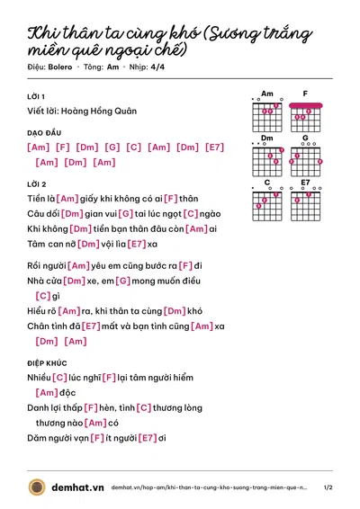 Hợp âm Khi thân ta cùng khó (Sương trắng miền quê ngoại chế) (Hoàng Hồng Quân) – bản nhạc PDF trang 1, tông Am