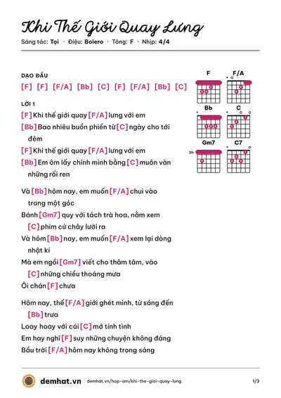 Hợp âm Khi Thế Giới Quay Lưng (Tọi) – bản nhạc PDF trang 1, tông F