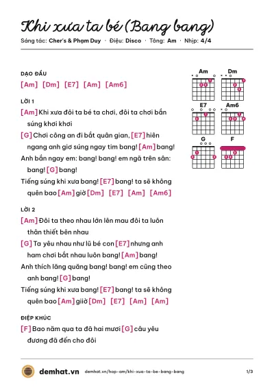 Hợp âm Khi xưa ta bé (Bang bang) (Thanh Lan) – bản nhạc PDF trang 1, tông Am