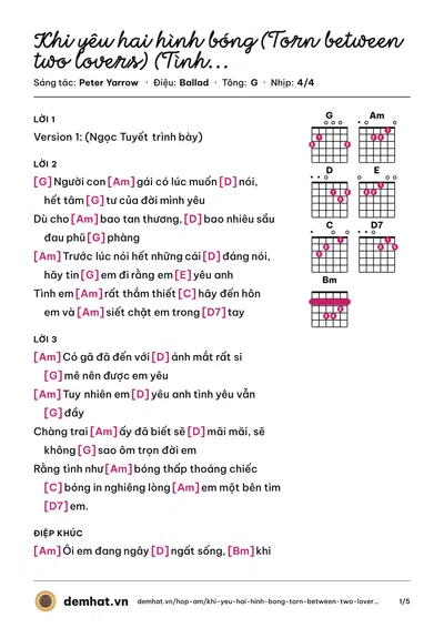 Hợp âm Khi yêu hai hình bóng (Torn between two lovers) (Tình ngang trái) (Mary MacGregor) – bản nhạc PDF trang 1, tông G