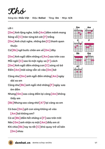 Hợp âm Khó (Nam Cường) – bản nhạc PDF trang 1, tông Dm