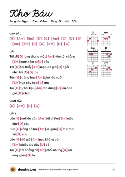 Hợp âm Kho Báu (Ngọt) – bản nhạc PDF trang 1, tông G