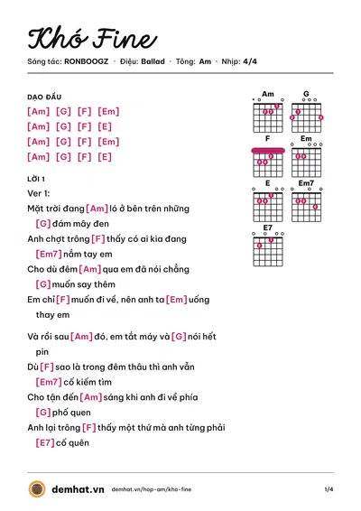 Hợp âm Khó Fine (RONBOOGZ) – bản nhạc PDF trang 1, tông Am