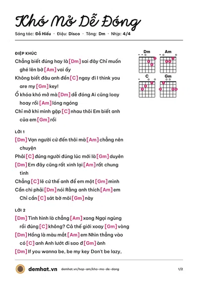 Hợp âm Khó Mở Dễ Đóng (Liz Kim Cương) – bản nhạc PDF trang 1, tông Dm