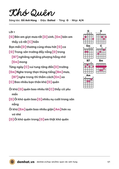 Hợp âm Khó Quên (Mây Trắng) – bản nhạc PDF trang 1, tông G