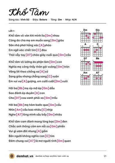 Hợp âm Khổ Tâm (Lâm Vũ) – bản nhạc PDF trang 1, tông Dm