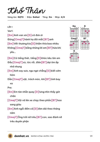 Hợp âm Khổ Thân (ĐẠTG) – bản nhạc PDF trang 1, tông Em
