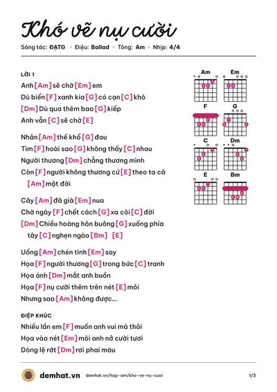 Hợp âm Khó vẽ nụ cười (ĐẠTG) – bản nhạc PDF trang 1, tông Am