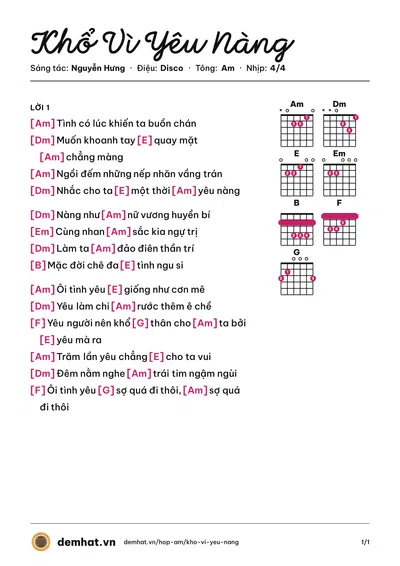 Hợp âm Khổ Vì Yêu Nàng (Nguyễn Hưng) – bản nhạc PDF trang 1, tông Am