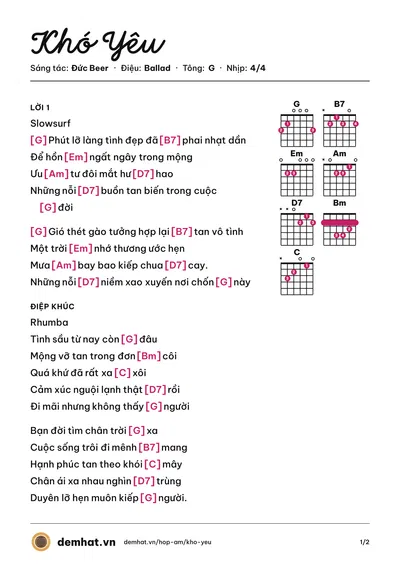 Hợp âm Khó Yêu (Đức Beer) – bản nhạc PDF trang 1, tông G