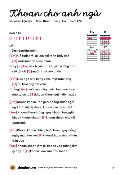 Hợp âm Khoan cho anh ngủ (Lộn xộn) – bản nhạc PDF trang 1, tông Em