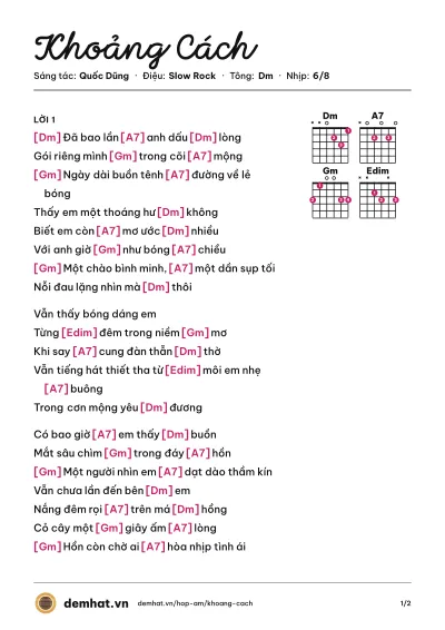 Hợp âm Khoảng Cách (Quang Dũng) – bản nhạc PDF trang 1, tông Dm