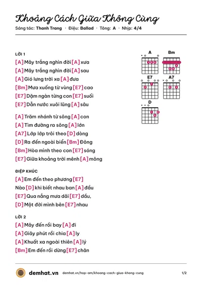 Hợp âm Khoảng Cách Giữa Không Cùng (Hồng Tước) – bản nhạc PDF trang 1, tông A