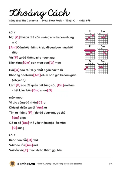Hợp âm Khoảng Cách (The Cassette) – bản nhạc PDF trang 1, tông C