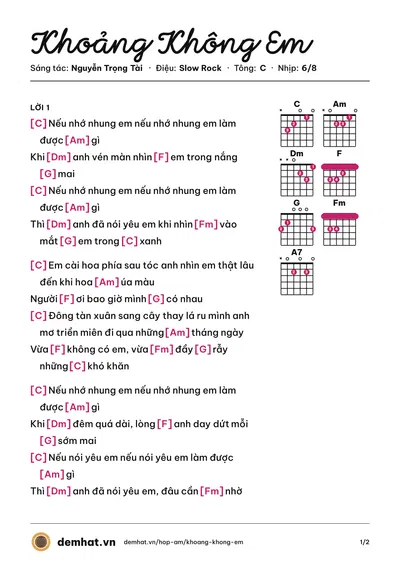 Hợp âm Khoảng Không Em (Nguyễn Trọng Tài) – bản nhạc PDF trang 1, tông C