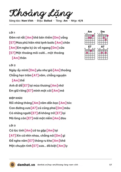 Hợp âm Khoảng Lặng (Nam Vĩnh) – bản nhạc PDF trang 1, tông Am