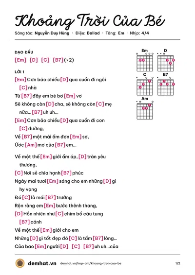 Hợp âm Khoảng Trời Của Bé (Thùy Chi) – bản nhạc PDF trang 1, tông Em