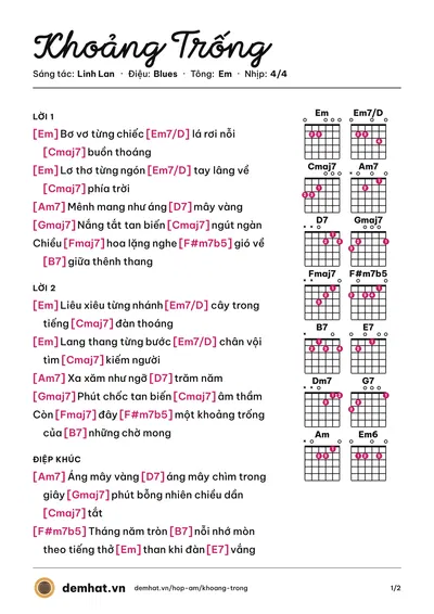 Hợp âm Khoảng Trống (Uyên Linh) – bản nhạc PDF trang 1, tông Em