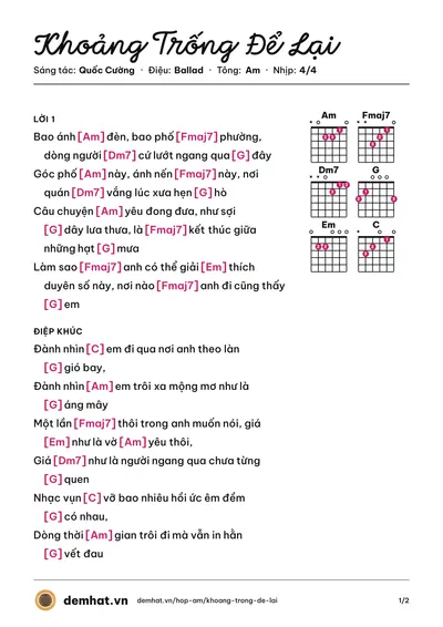Hợp âm Khoảng Trống Để Lại (The Men) – bản nhạc PDF trang 1, tông Am