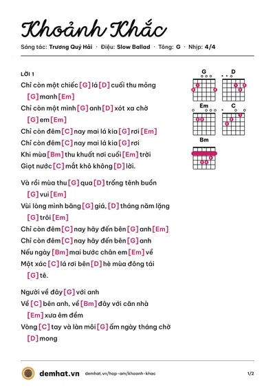 Hợp âm Khoảnh Khắc (Bằng Kiều) – bản nhạc PDF trang 1, tông G