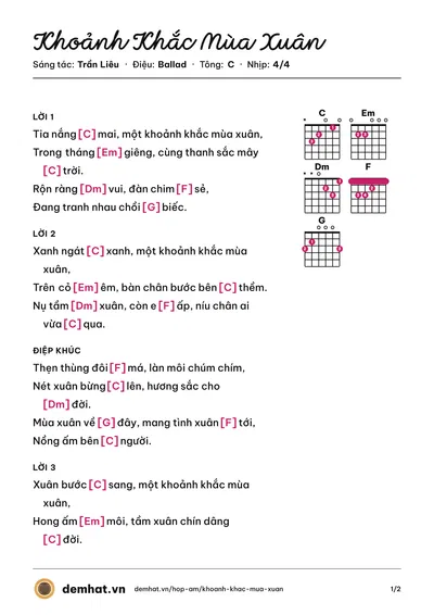 Hợp âm Khoảnh Khắc Mùa Xuân (guitar) – bản nhạc PDF trang 1, tông C