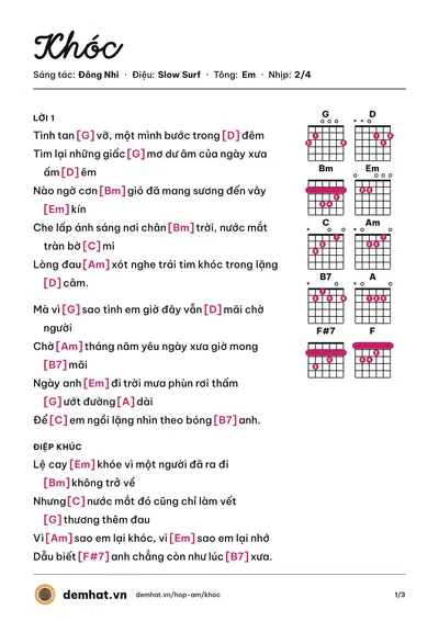Hợp âm Khóc (Đông Nhi) – bản nhạc PDF trang 1, tông Em