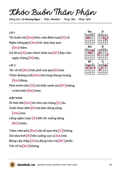 Hợp âm Khóc Buồn Thân Phận (Lê Quang Ngọc) – bản nhạc PDF trang 1, tông Em