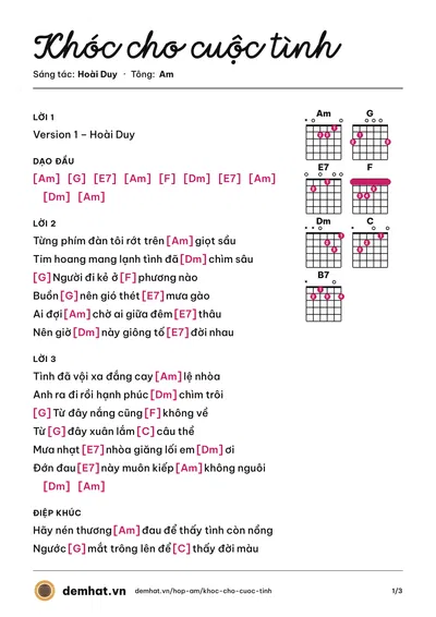 Hợp âm Khóc cho cuộc tình (Hoài Duy) – bản nhạc PDF trang 1, tông Am