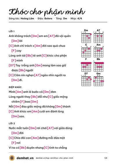 Hợp âm Khóc cho phận mình (Hoàng Lâm) – bản nhạc PDF trang 1, tông Dm