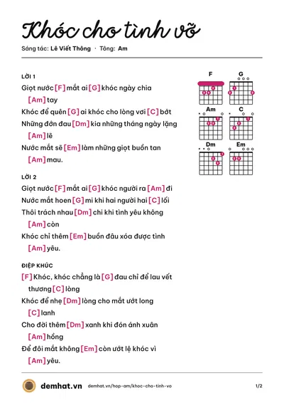 Hợp âm Khóc cho tình vỡ (Phú Nguyễn) – bản nhạc PDF trang 1, tông Am