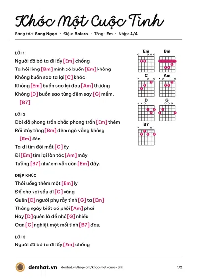 Hợp âm Khóc Một Cuộc Tình (Đan Nguyên) – bản nhạc PDF trang 1, tông Em