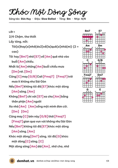 Hợp âm Khóc Một Dòng Sông (Ngọc Lan) – bản nhạc PDF trang 1, tông Bm