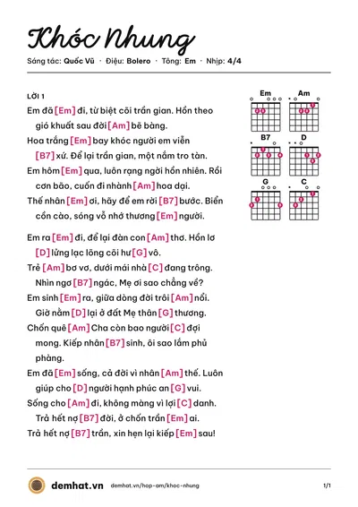 Hợp âm Khóc Nhung (Quốc Vũ) – bản nhạc PDF trang 1, tông Em
