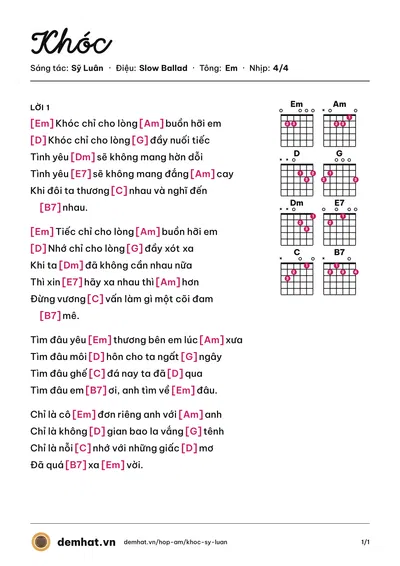 Hợp âm Khóc (Quang Hà) – bản nhạc PDF trang 1, tông Em