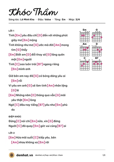Hợp âm Khóc Thầm (Đan Trường) – bản nhạc PDF trang 1, tông Em
