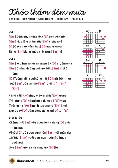 Hợp âm Khóc thầm đêm mưa (Lệ Quyên) – bản nhạc PDF trang 1, tông Em
