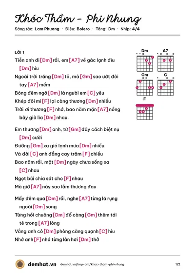 Hợp âm Khóc Thầm - Phi Nhung (Phi Nhung) – bản nhạc PDF trang 1, tông Dm