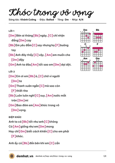 Hợp âm Khóc trong vô vọng (Viet Lee) – bản nhạc PDF trang 1, tông Dm